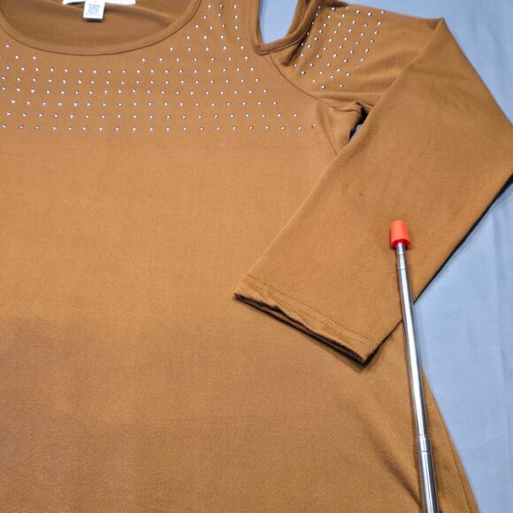 French Laundry Brown Cold Shoulder Shirt Stretch Studded Preppy Y2K Women Size L - Picture 10 of 12